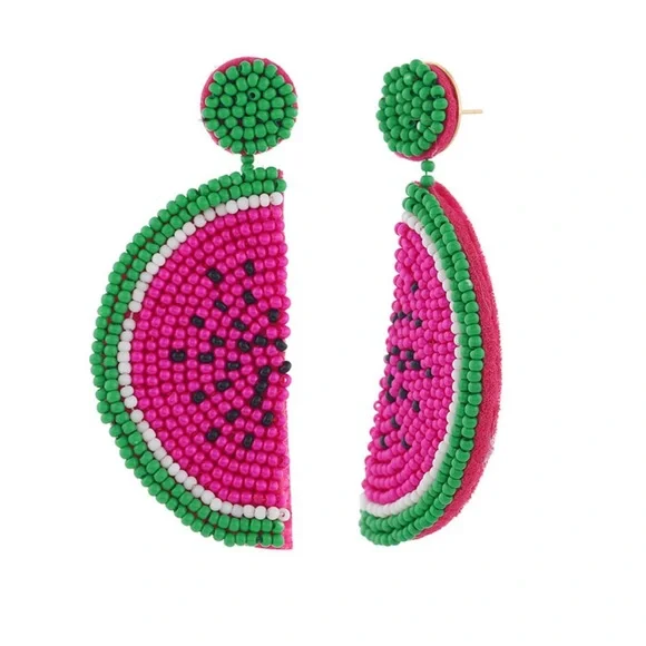 Watermelon Slice Seed Bead Dangle Earrings - Picture 4 of 7